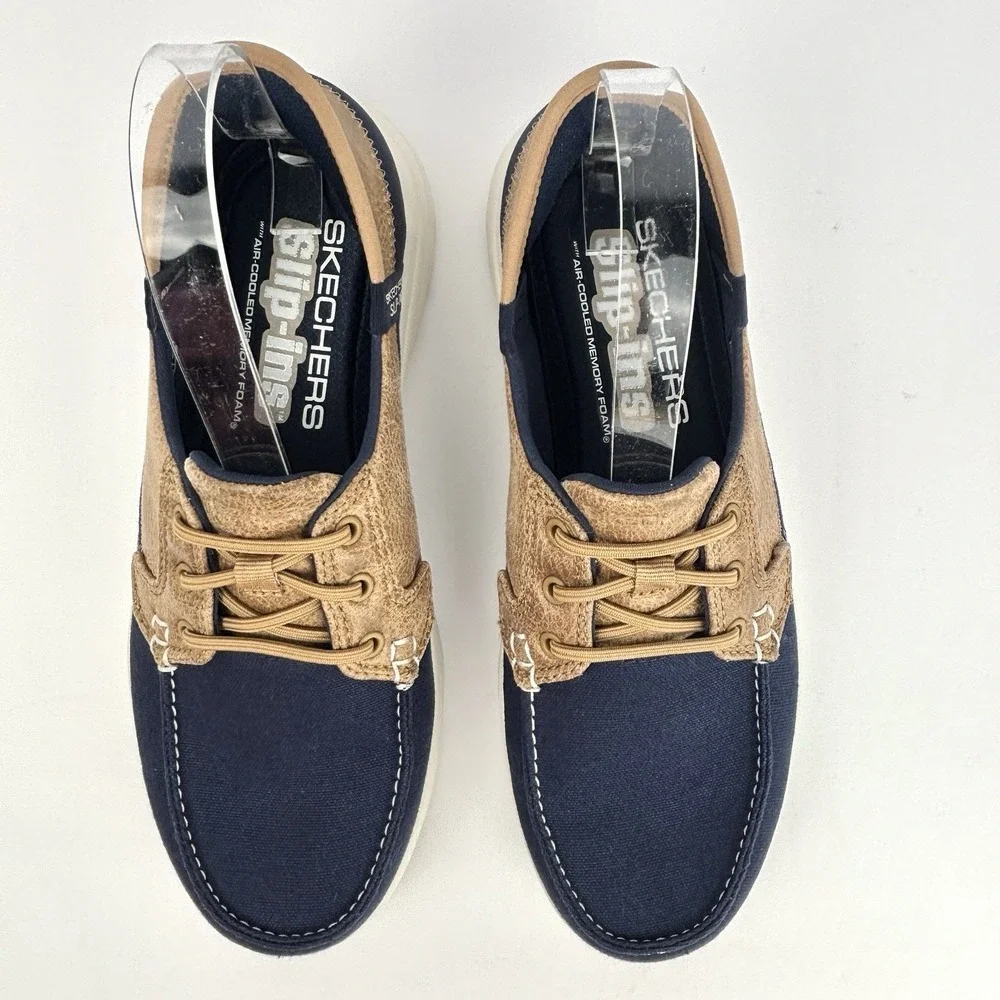 Skechers Slip-Ins Boat Shoes Navy Tan Canvas Women's 7 Air Cooled Memory